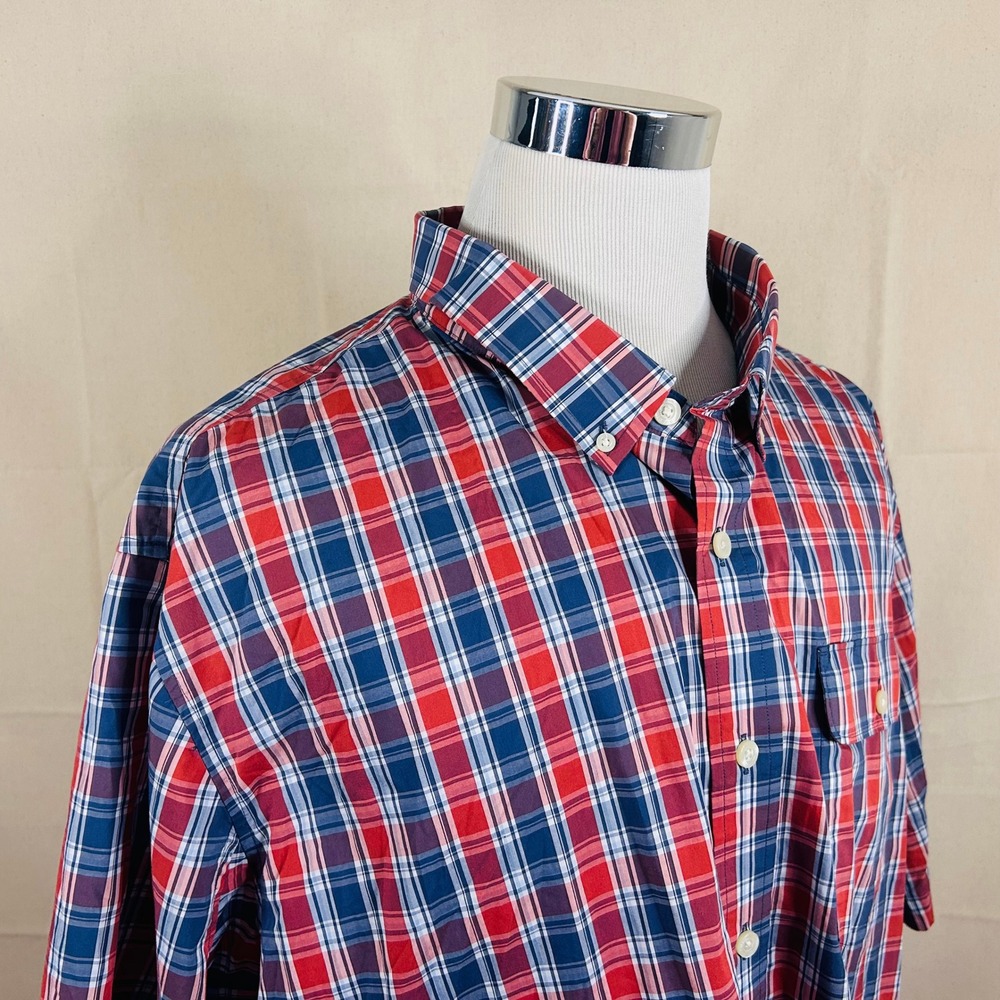 Duluth 2XLT Relaxed Fit Button Down Shirt Red White Blue Plaid Short Sleeve